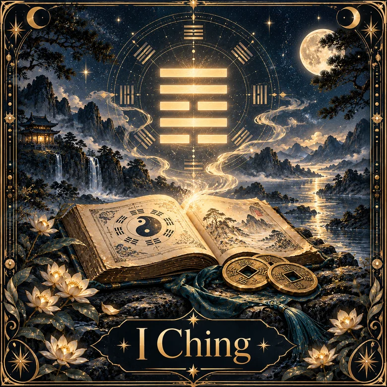 Ilustracja I Ching: Księga Przemian, monety i heksagram